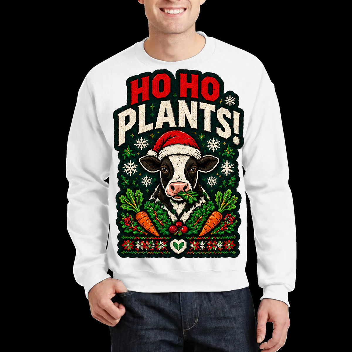 Ho Ho Plants Christmas Vegan Cow UGLY Crew Neck Sweater