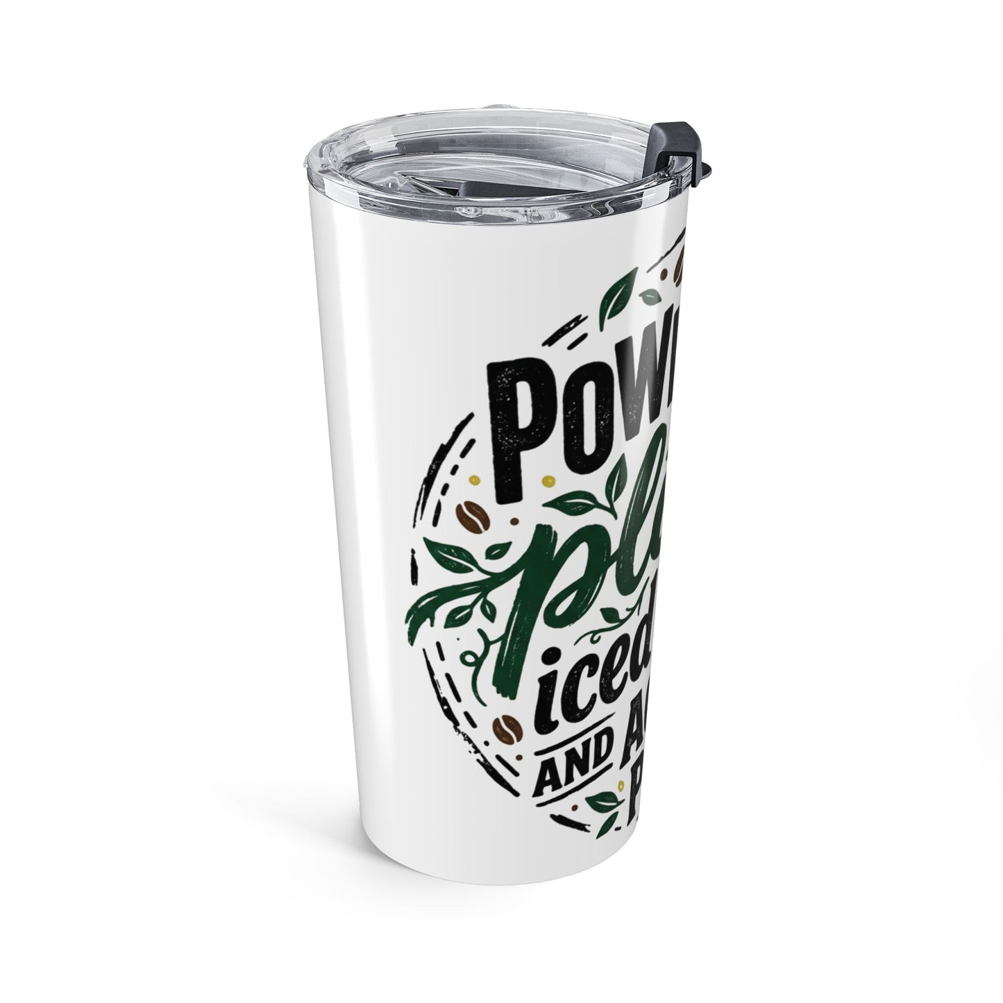 20oz Insulated Coffee Tumbler — “Powered by Plants, Iced Coffee, and Academic Panic”