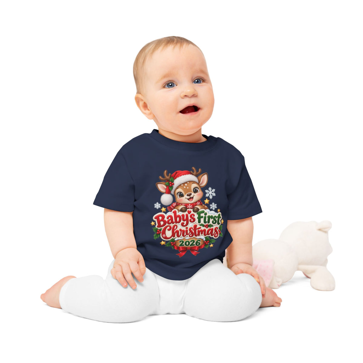 Baby's First Christmas 2026 Baby T-Shirt – Cute Reindeer Holiday Tee