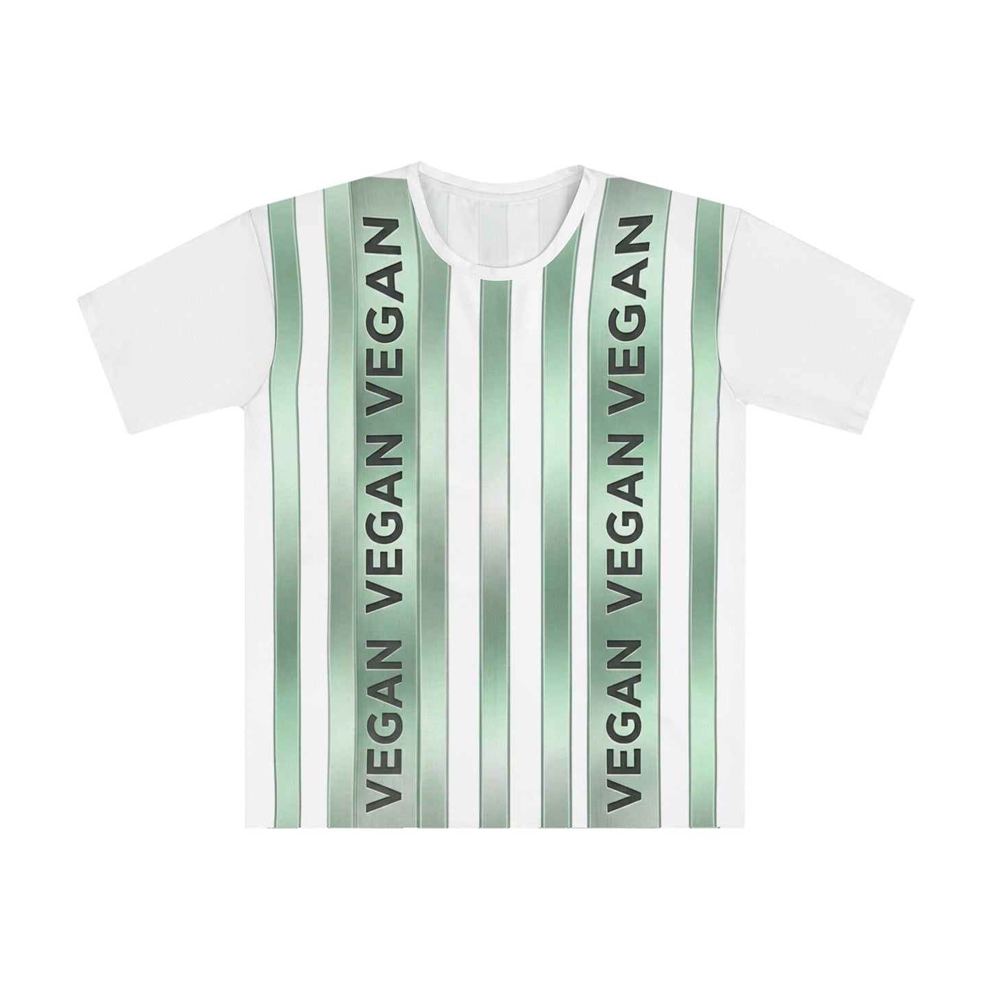 Green Vegan Stripe T-Shirt with vertical "VEGAN" graphic and lightweight fabric