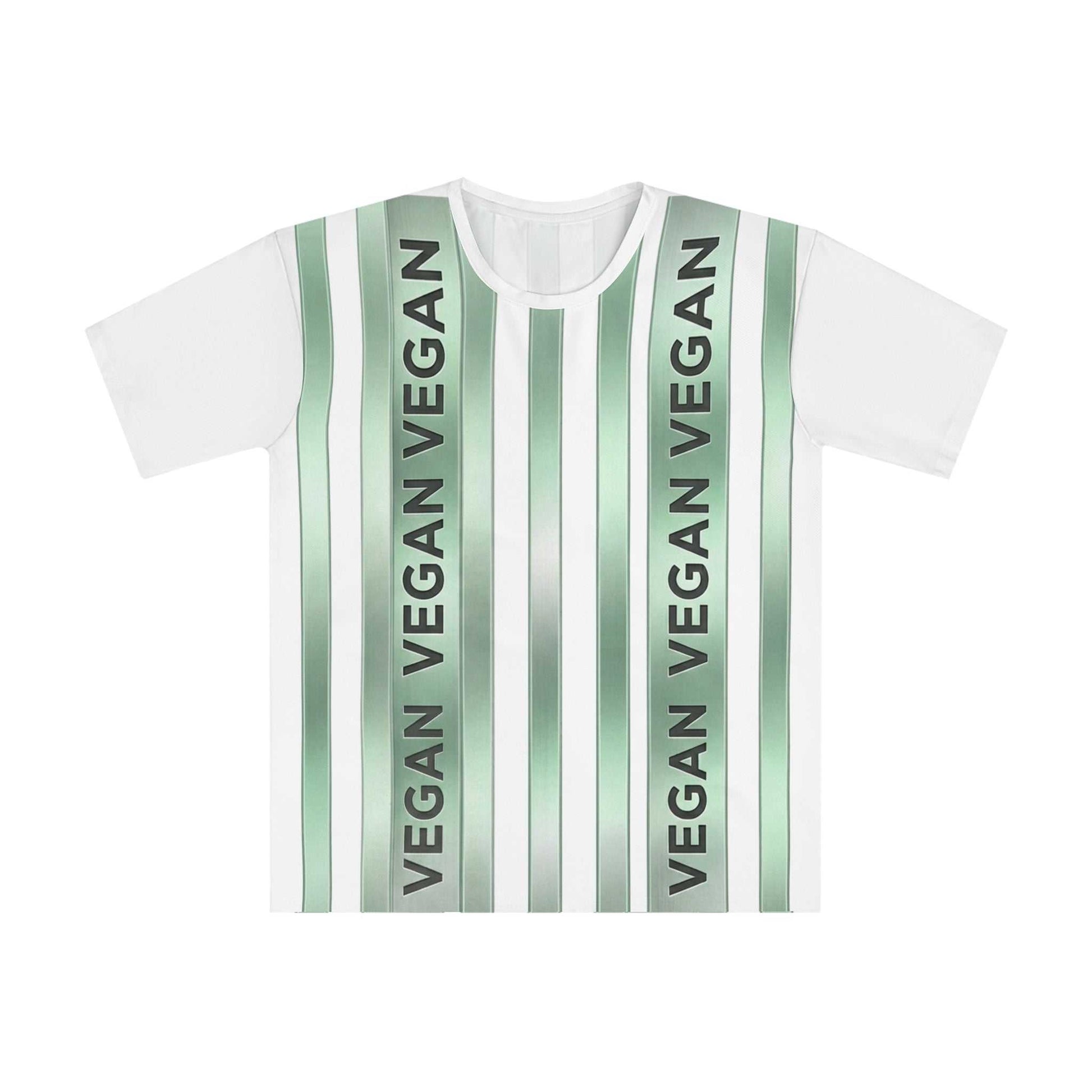 Green Vegan Stripe T-Shirt with vertical "VEGAN" graphic and lightweight fabric