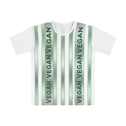 Green Vegan Stripe T-Shirt with vertical "VEGAN" graphic and lightweight fabric