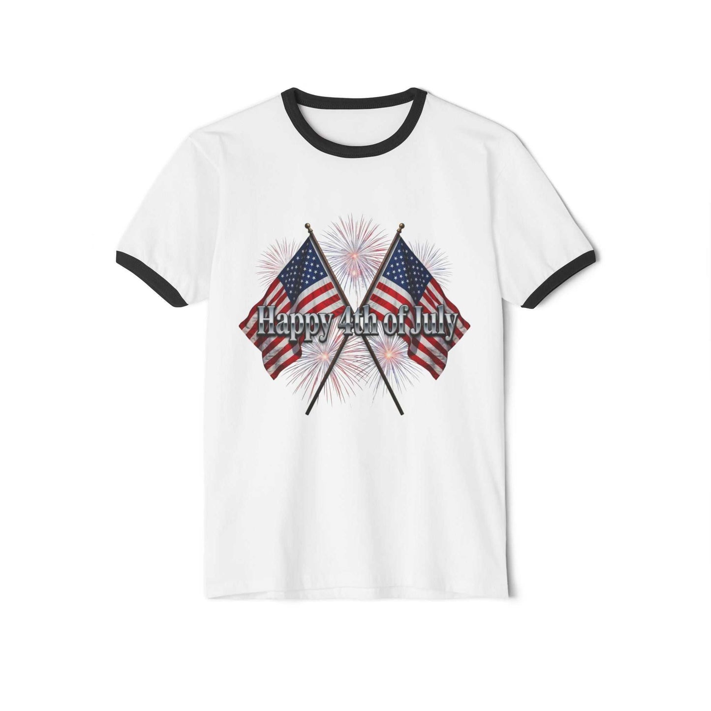 4th of July ringer t-shirt with vintage American flag and "Happy Birthday America" design