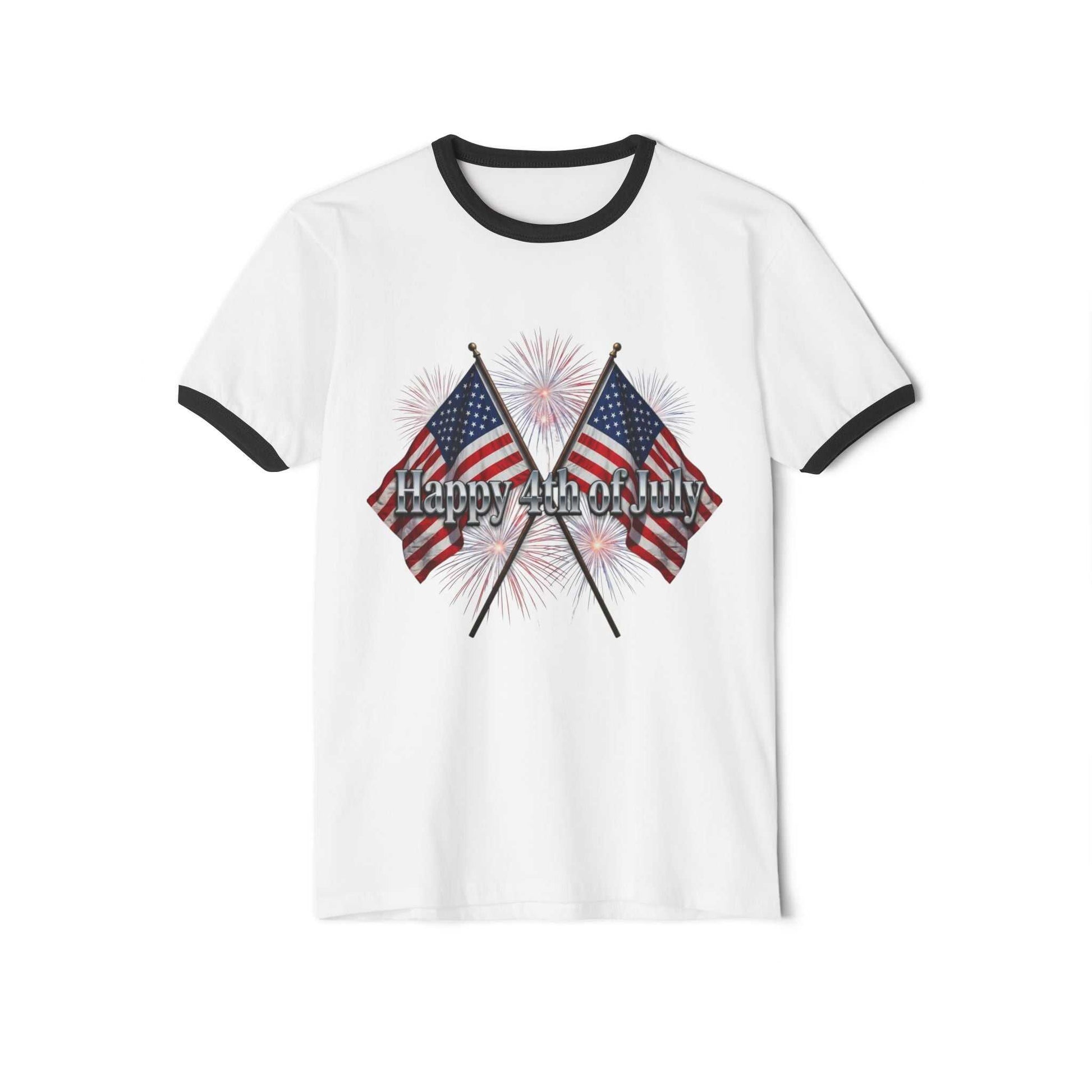4th of July ringer t-shirt with vintage American flag and "Happy Birthday America" design