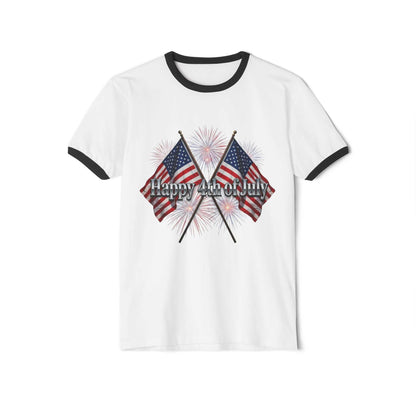 4th of July ringer t-shirt with vintage American flag and "Happy Birthday America" design