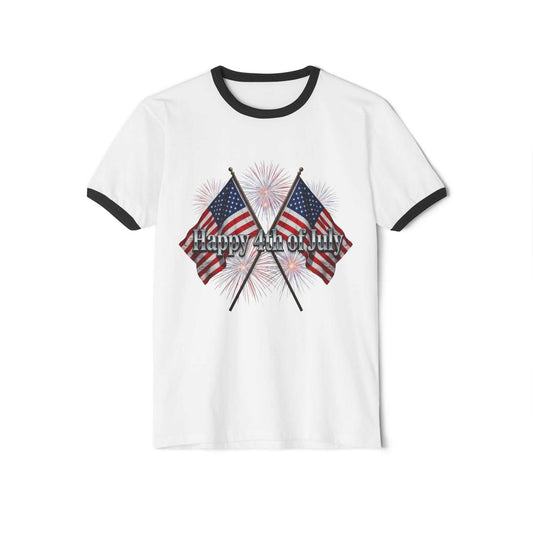 4th of July ringer t-shirt with vintage American flag and "Happy Birthday America" design