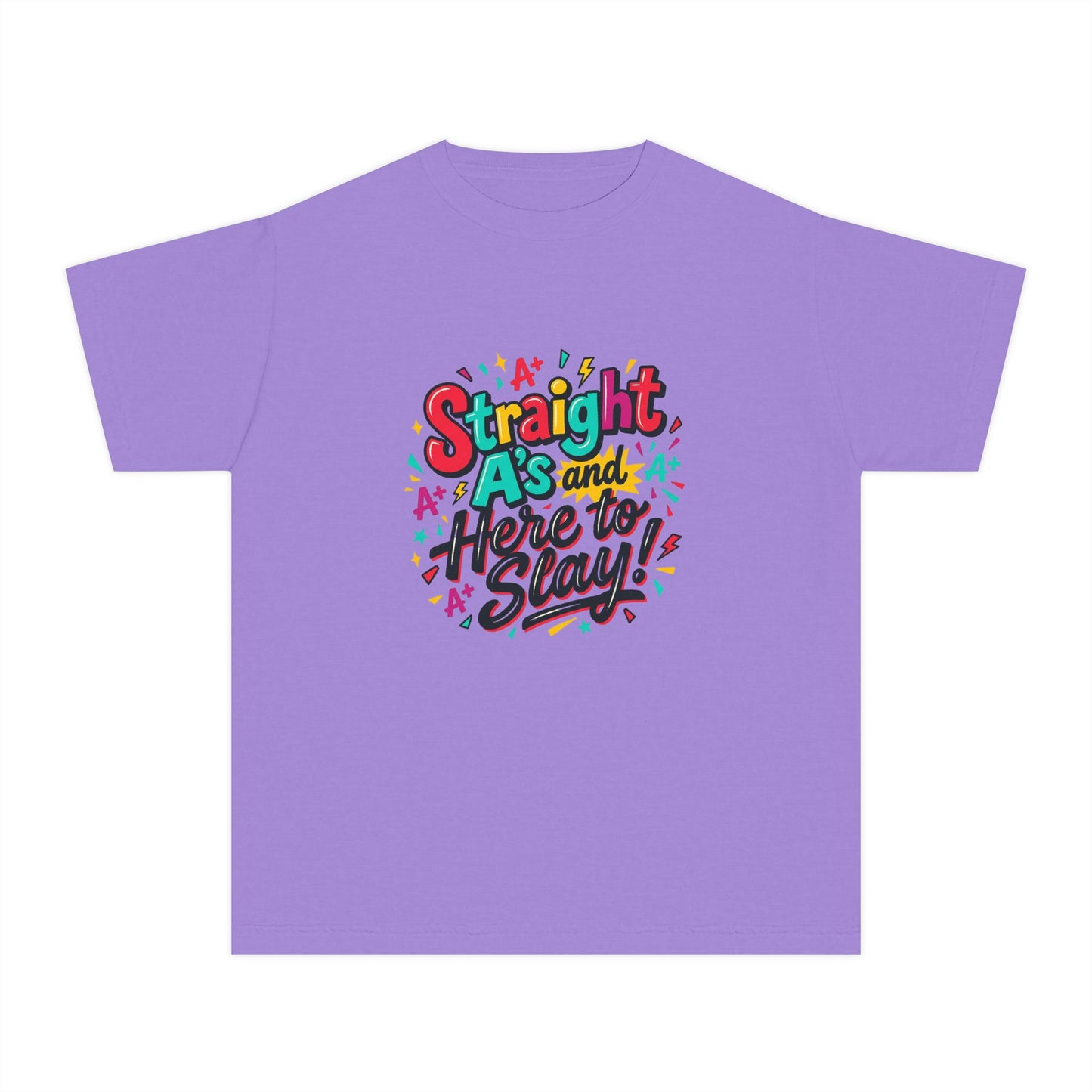 Youth Tee — “Straight As and Here to Slay!” Colorful Pride Graphic