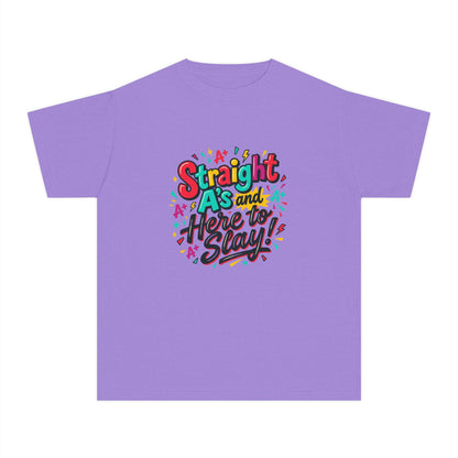 Youth Tee — “Straight As and Here to Slay!” Colorful Pride Graphic