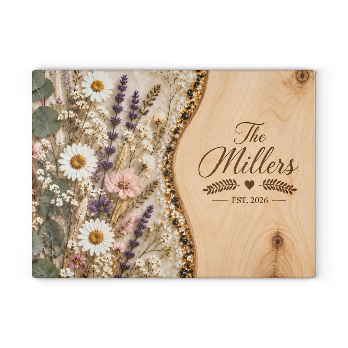 Personalized Family Name Est. 2026 - Glass Cutting Board - Wildflower Bouquet Glass Cutting Board