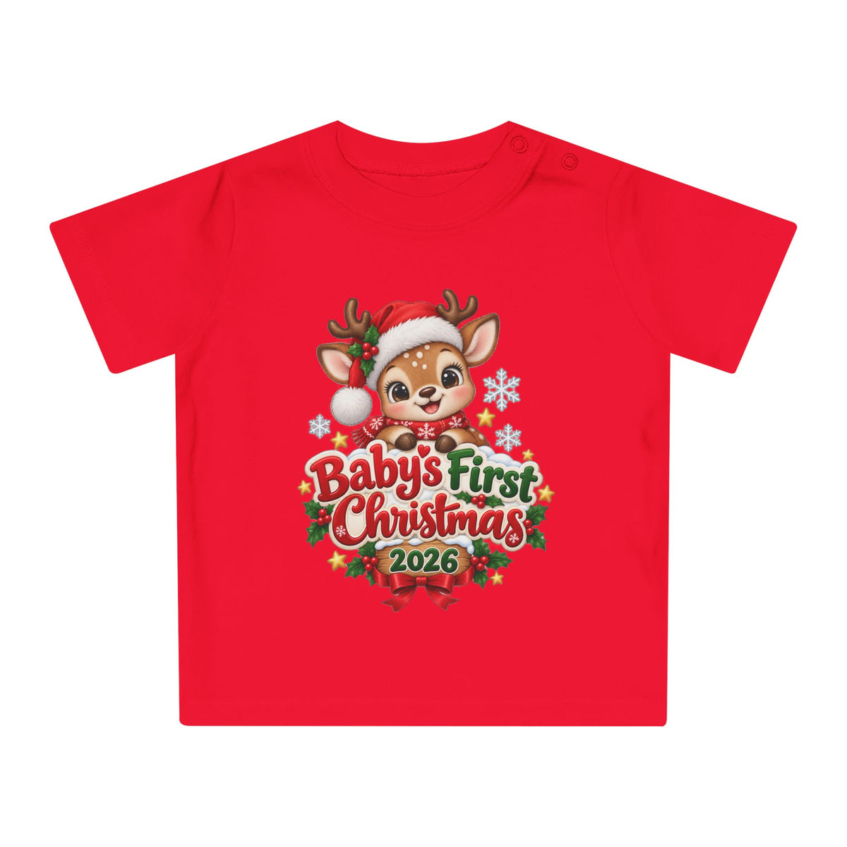 Baby's First Christmas 2026 Baby T-Shirt – Cute Reindeer Holiday Tee