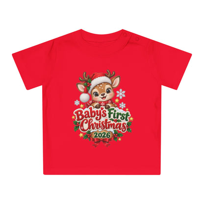 Baby's First Christmas 2026 Baby T-Shirt – Cute Reindeer Holiday Tee