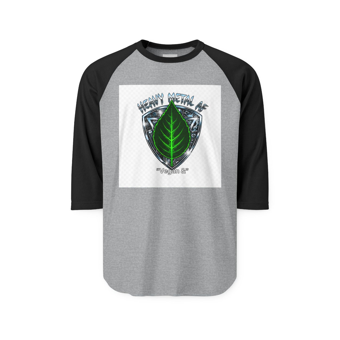 Vegan and Heavy Metal AF Crest Raglan Shirt | Vegan Pride Logo 3/4 Sleeve