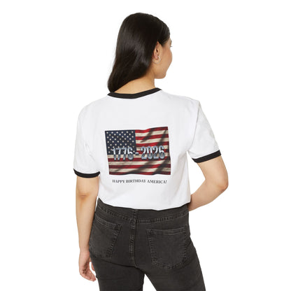 4th of July ringer t-shirt with vintage American flag and "Happy Birthday America" design