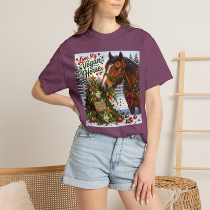 Vegan Christmas T-Shirt – "Love My Vegan Horse" Holiday Tee