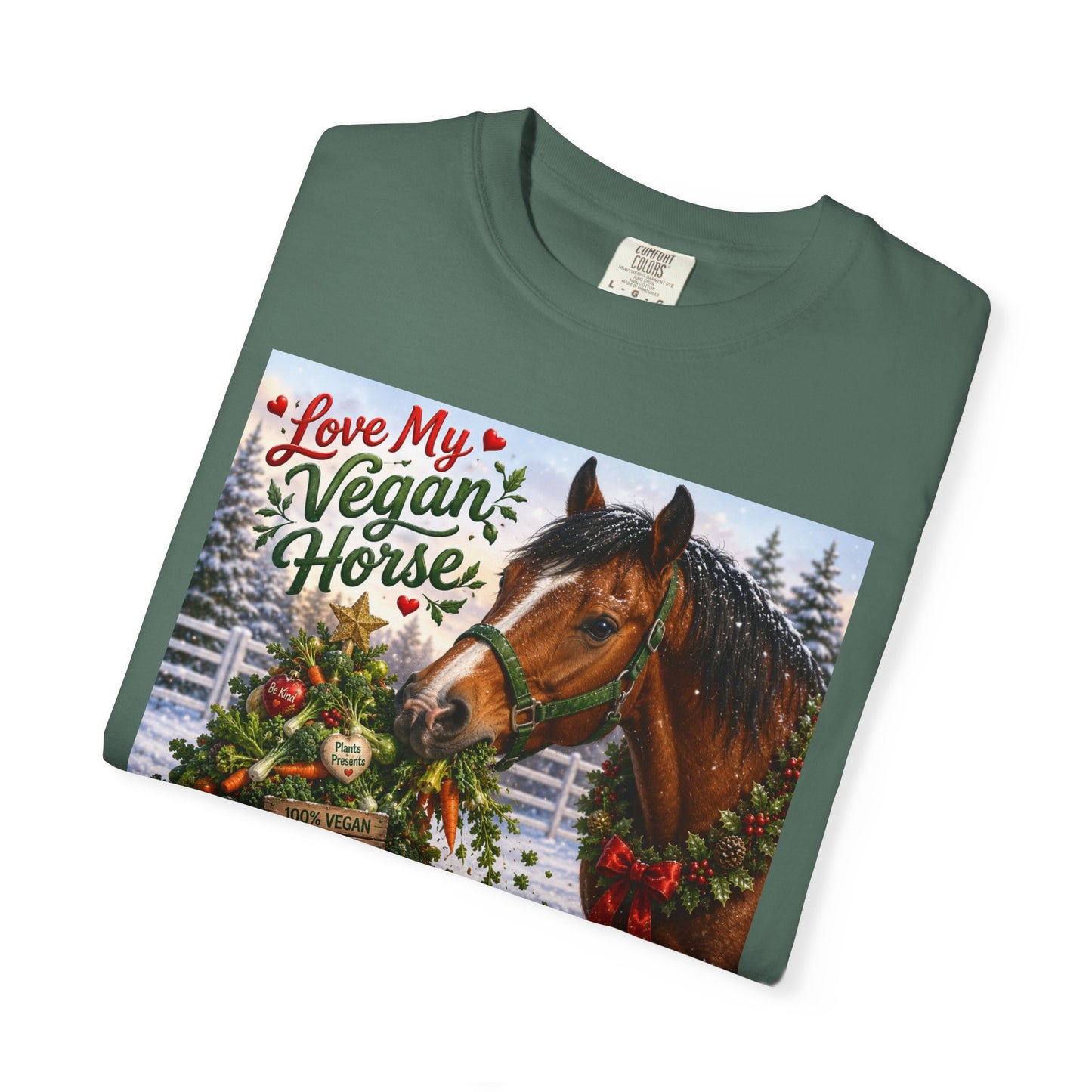 Vegan Christmas T-Shirt – "Love My Vegan Horse" Holiday Tee