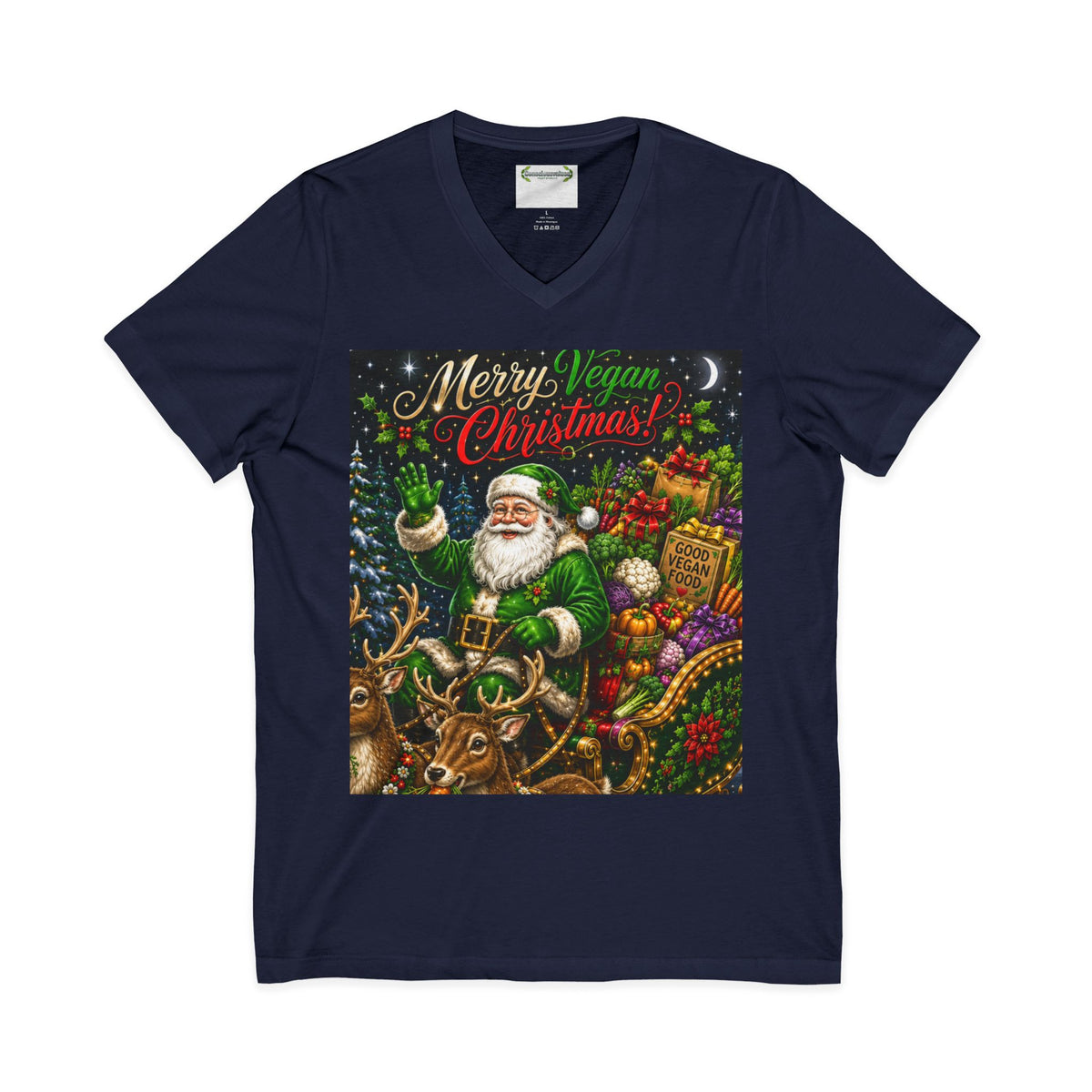 Vegan Christmas Tee — “Merry Vegan Christmas” Festive Santa & Sleigh Holiday Shirt