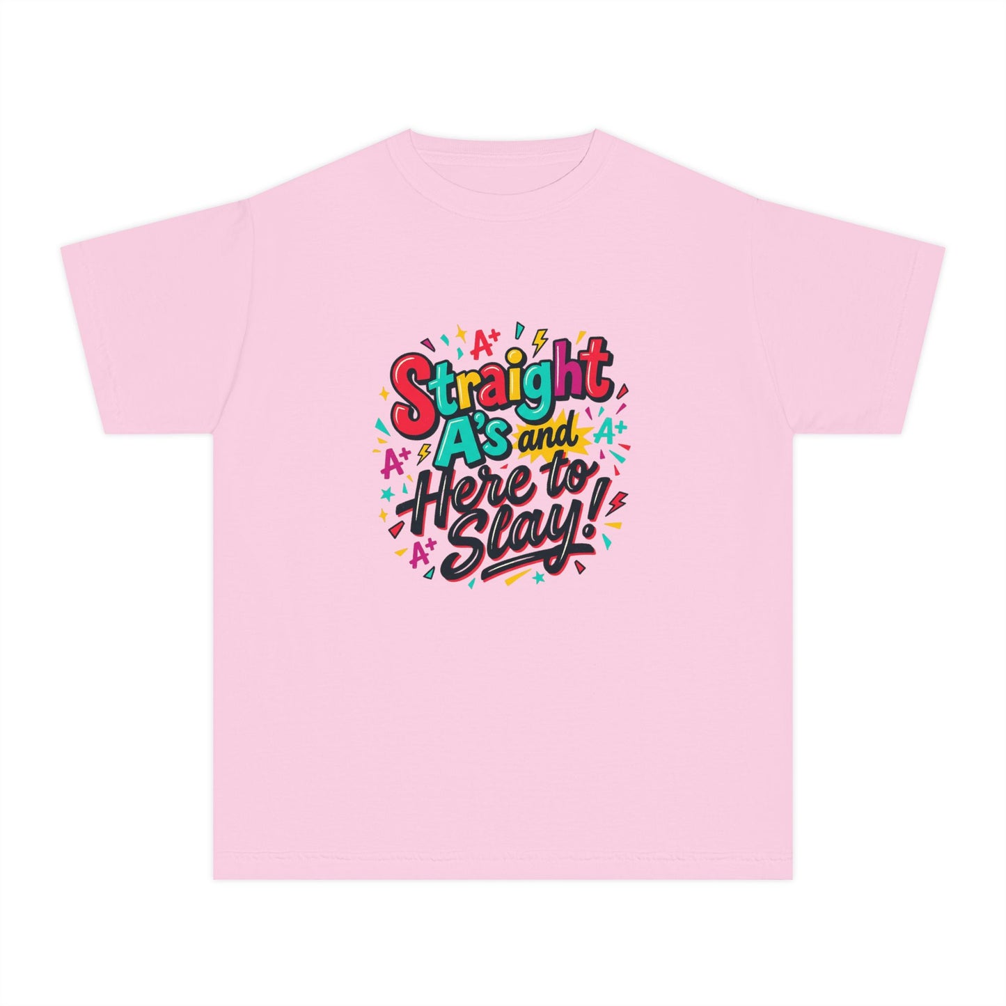 Youth Tee — “Straight As and Here to Slay!” Colorful Pride Graphic