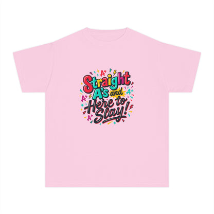 Youth Tee — “Straight As and Here to Slay!” Colorful Pride Graphic
