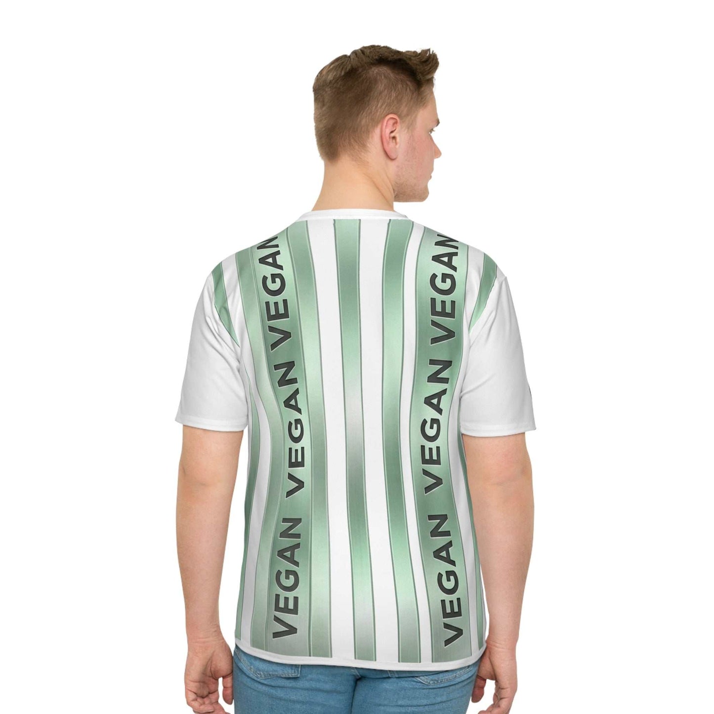 Green vegan stripe t-shirt with vertical VEGAN graphic and round neckline