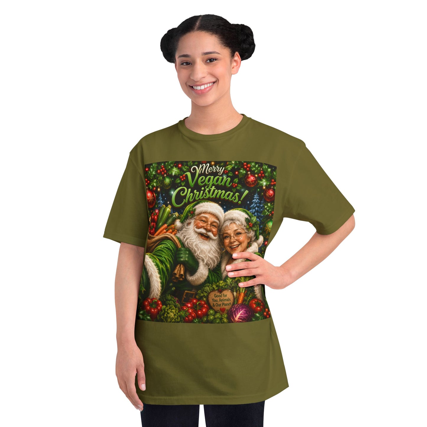 Organic  cotton Merry Vegan Christmas-Santa and Mrs Santa Selfie T-shirt
