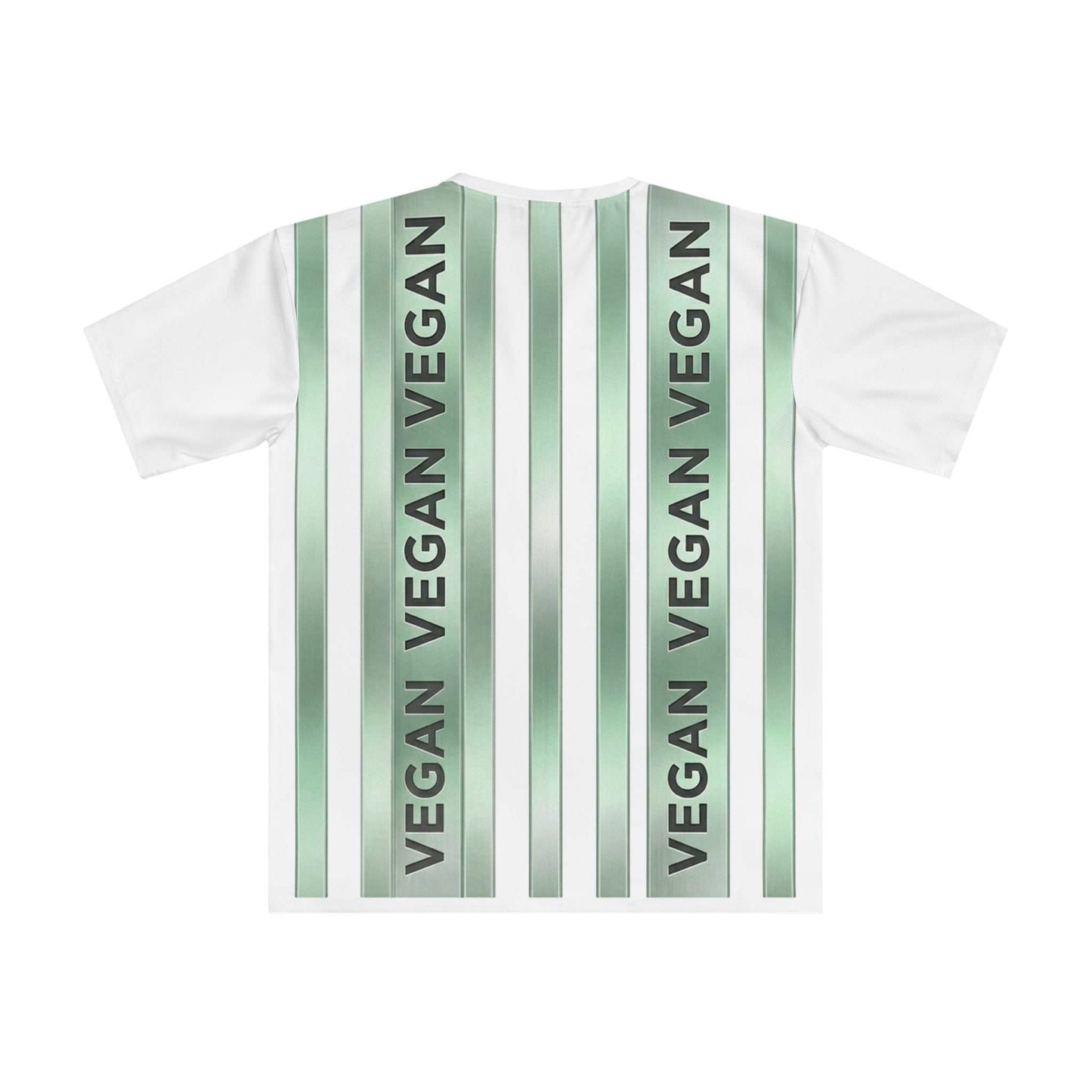 Green vertical vegan stripe t-shirt with bold "VEGAN" graphic and loose fit