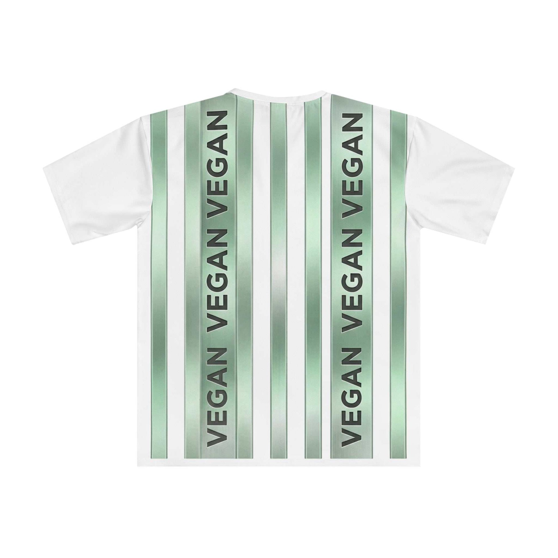Green vertical vegan stripe t-shirt with bold "VEGAN" graphic and loose fit