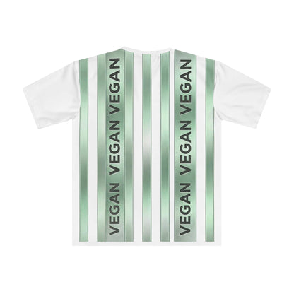 Green vertical vegan stripe t-shirt with bold "VEGAN" graphic and loose fit