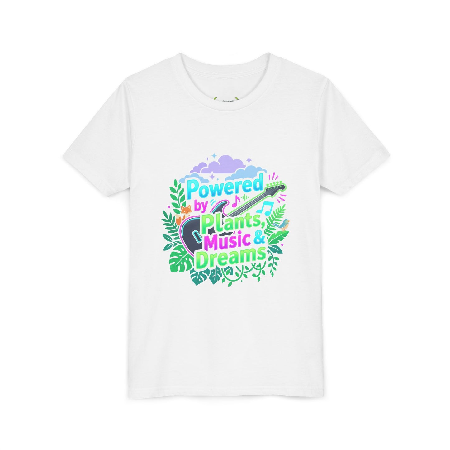Youth Tee — “Powered by Plants, Music & Dreams” Floral Guitar Kids T-Shirt