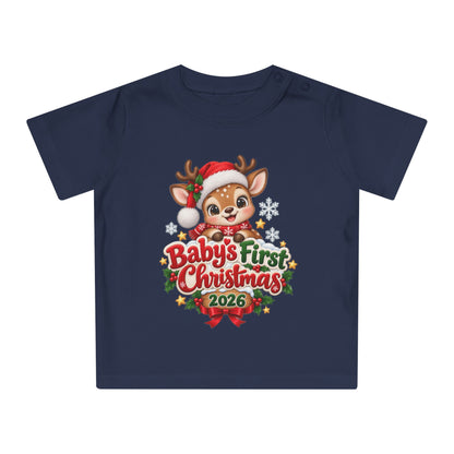 Baby's First Christmas 2026 Baby T-Shirt – Cute Reindeer Holiday Tee