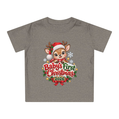 Baby's First Christmas 2026 Baby T-Shirt – Cute Reindeer Holiday Tee