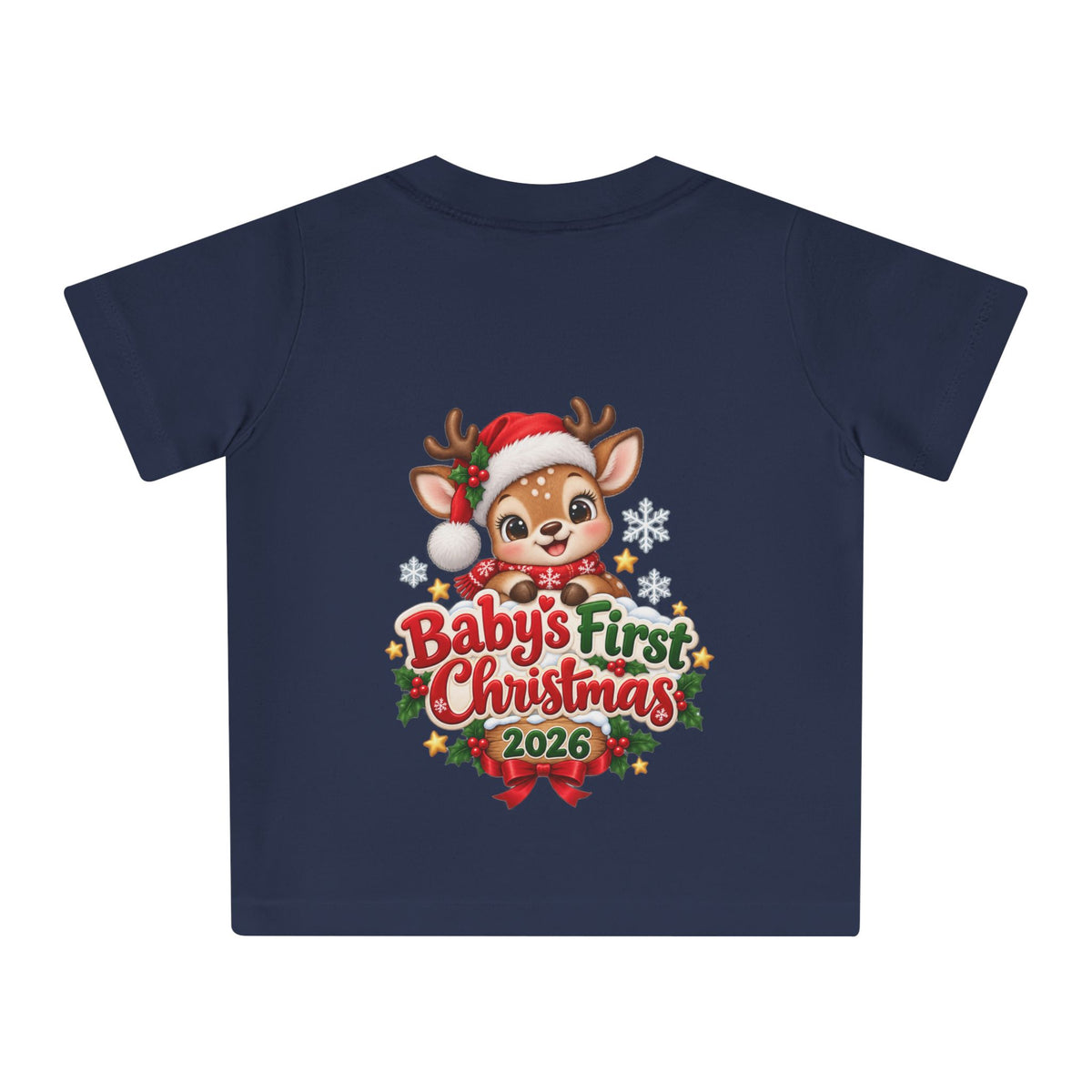 Baby's First Christmas 2026 Baby T-Shirt – Cute Reindeer Holiday Tee