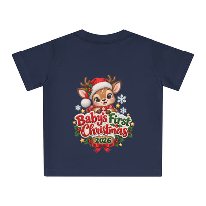 Baby's First Christmas 2026 Baby T-Shirt – Cute Reindeer Holiday Tee