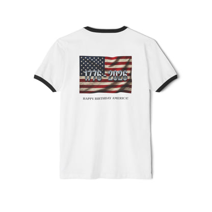 4th of July ringer t-shirt with vintage American flag and "Happy Birthday America" design