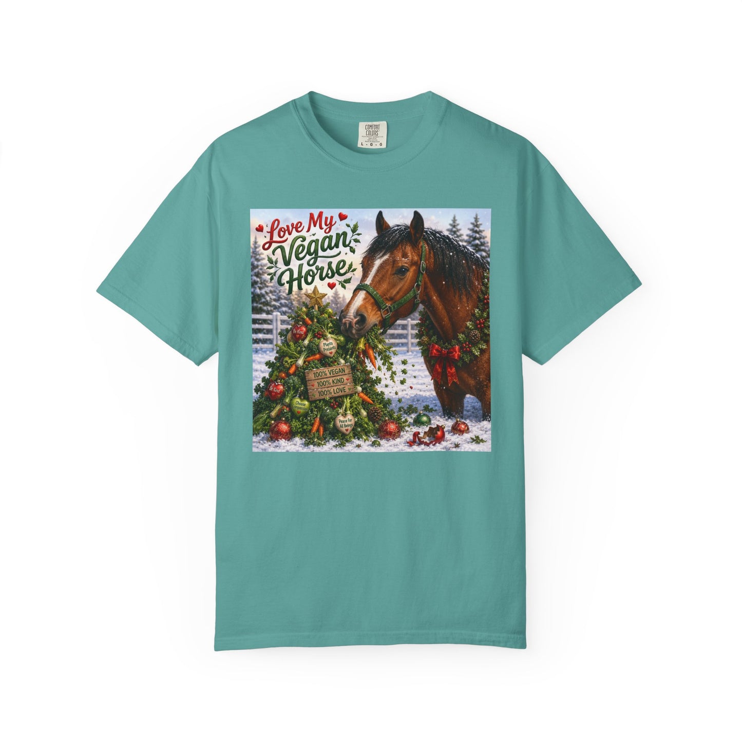 Vegan Christmas T-Shirt – "Love My Vegan Horse" Holiday Tee