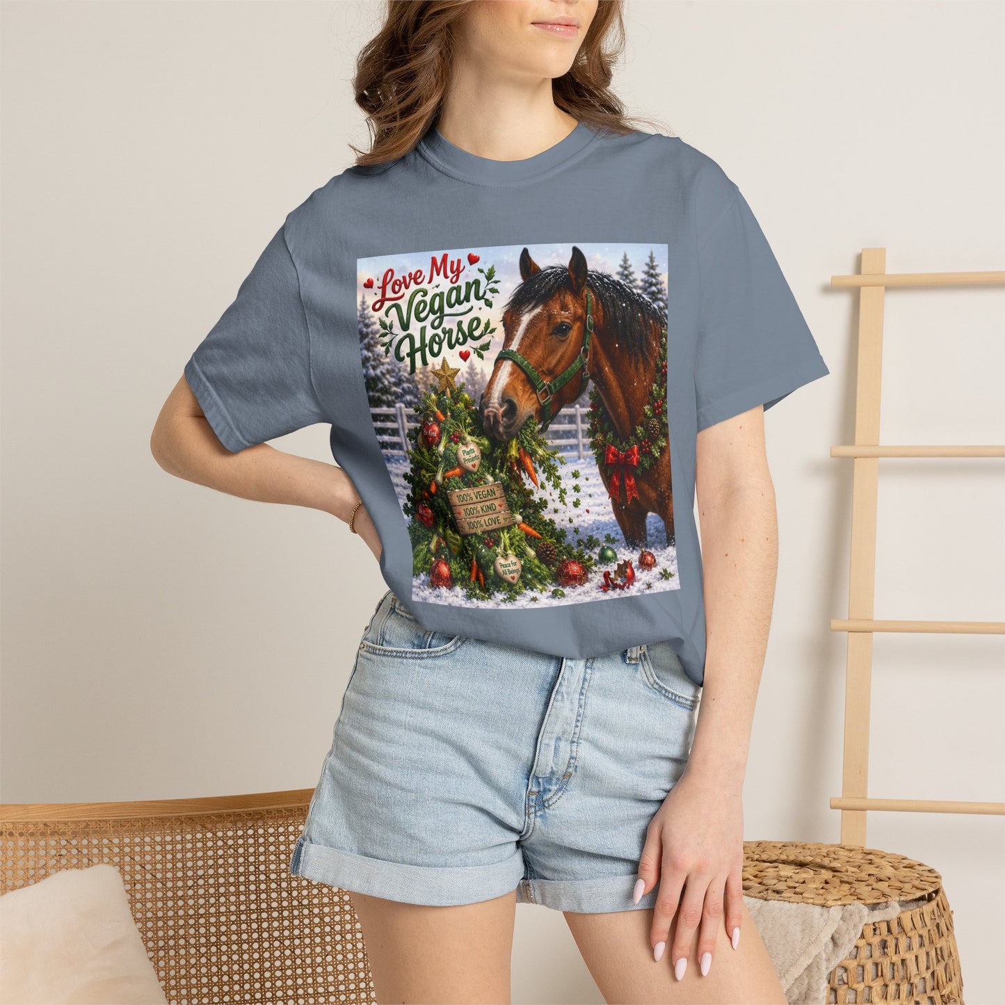 Vegan Christmas T-Shirt – "Love My Vegan Horse" Holiday Tee