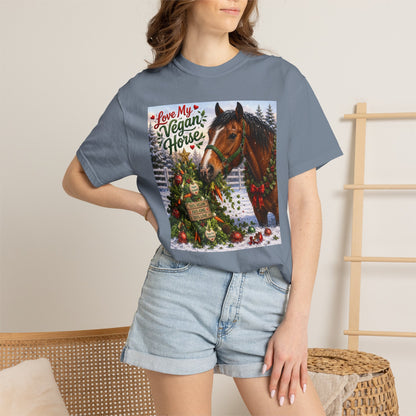 Vegan Christmas T-Shirt – "Love My Vegan Horse" Holiday Tee