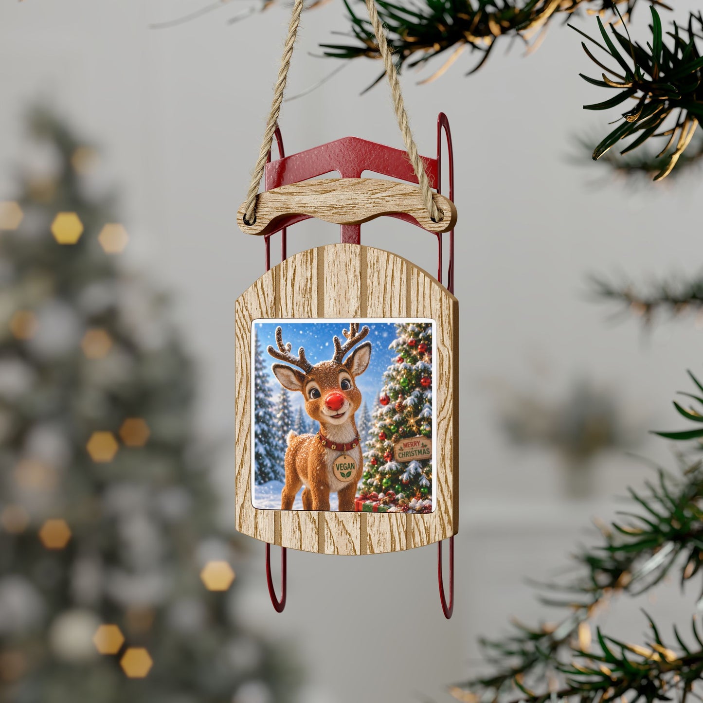 Rudolh Reindeer Vegan Message -Sled Ornaments