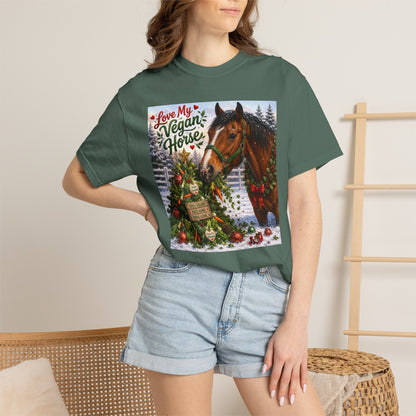 Vegan Christmas T-Shirt – "Love My Vegan Horse" Holiday Tee