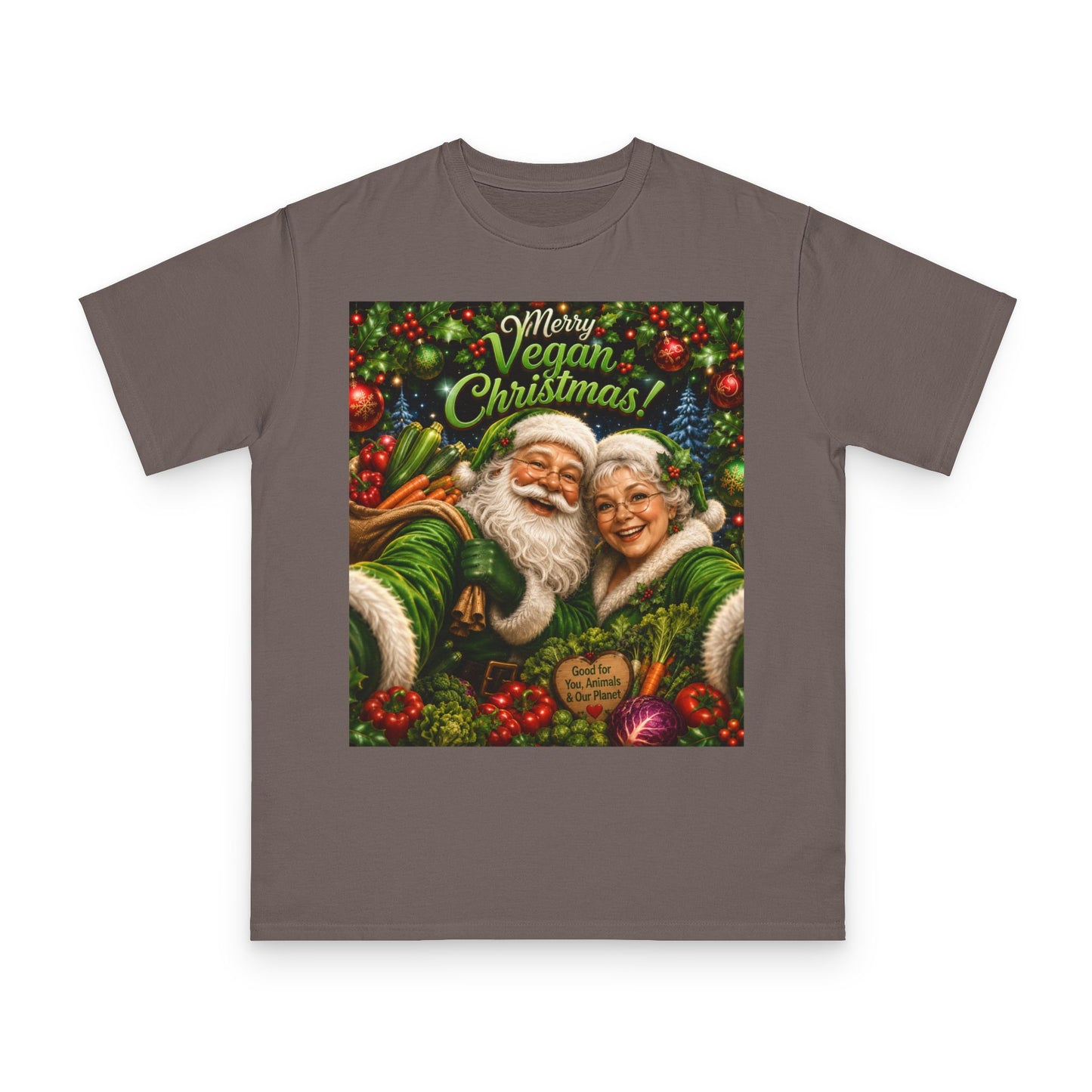 Organic  cotton Merry Vegan Christmas-Santa and Mrs Santa Selfie T-shirt
