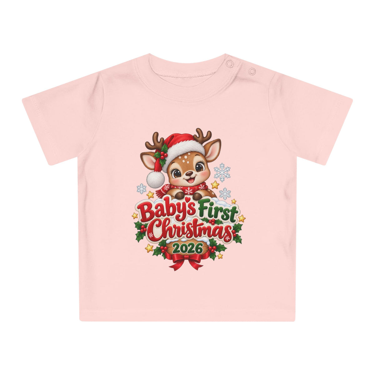 Baby's First Christmas 2026 Baby T-Shirt – Cute Reindeer Holiday Tee