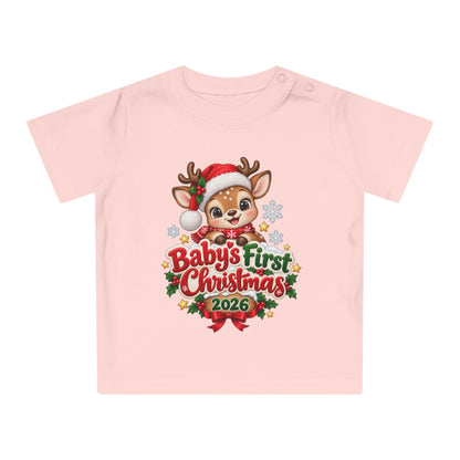 Baby's First Christmas 2026 Baby T-Shirt – Cute Reindeer Holiday Tee
