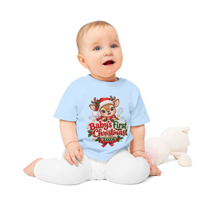 Baby's First Christmas 2026 Baby T-Shirt – Cute Reindeer Holiday Tee