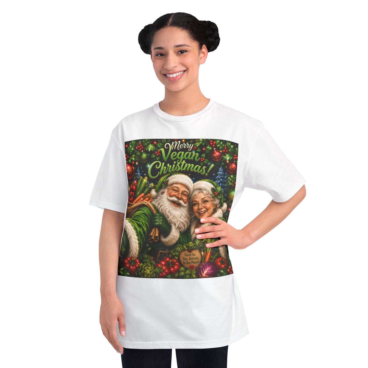 Organic  cotton Merry Vegan Christmas-Santa and Mrs Santa Selfie T-shirt