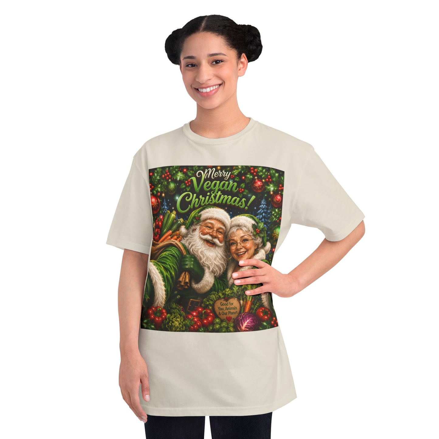 Organic  cotton Merry Vegan Christmas-Santa and Mrs Santa Selfie T-shirt