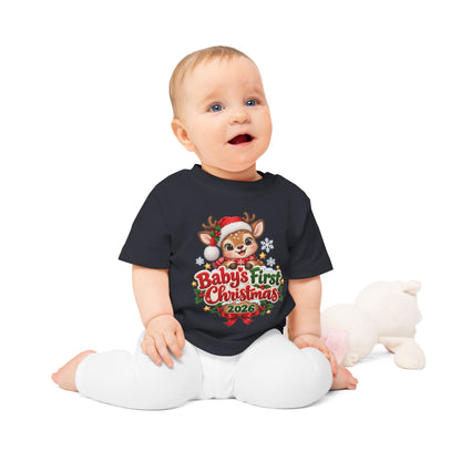 Baby's First Christmas 2026 Baby T-Shirt – Cute Reindeer Holiday Tee