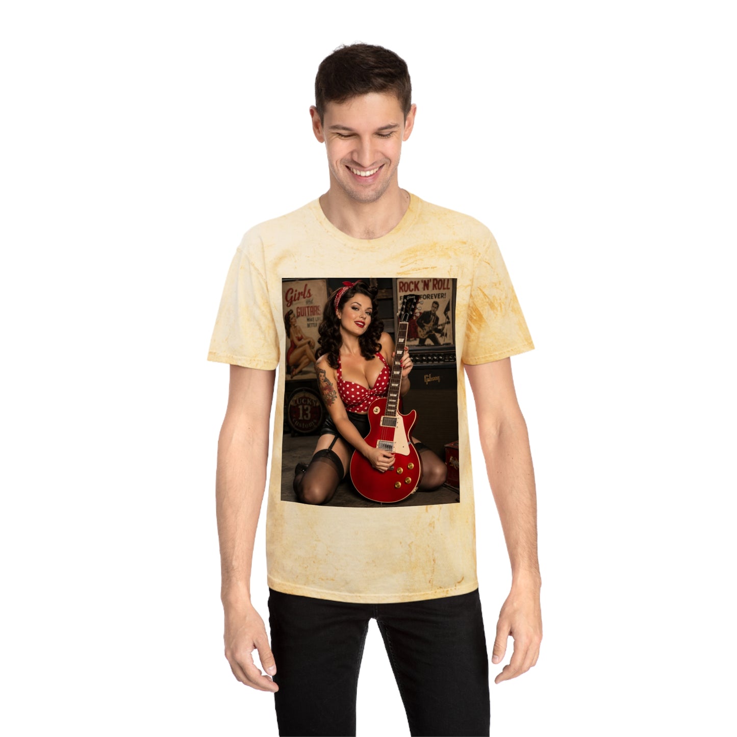Pinup Guitarist Vintage Tee – Retro Rockabilly Photo T-Shirt
