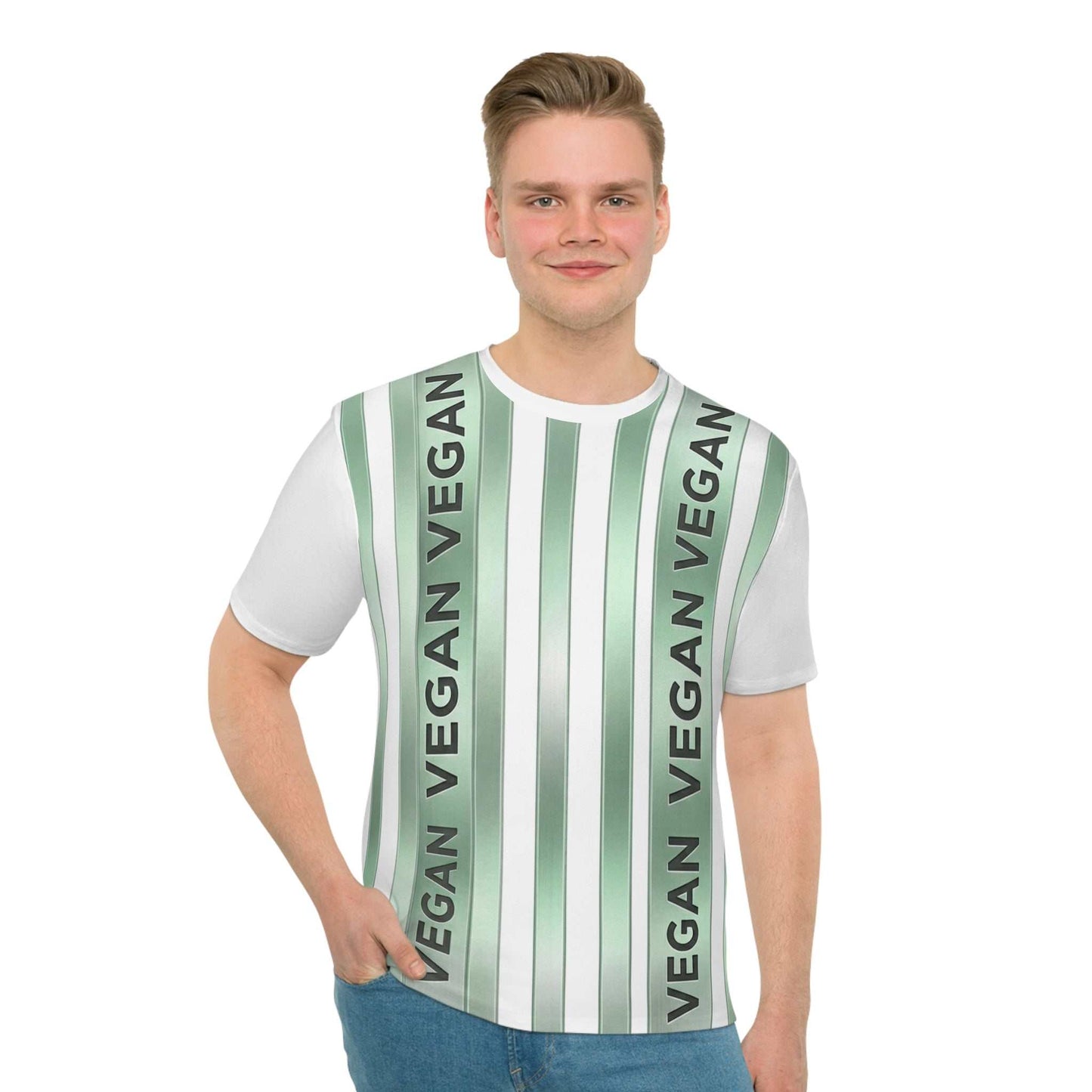 Green Vegan Stripe T-Shirt with vertical 'VEGAN' graphic and loose fit