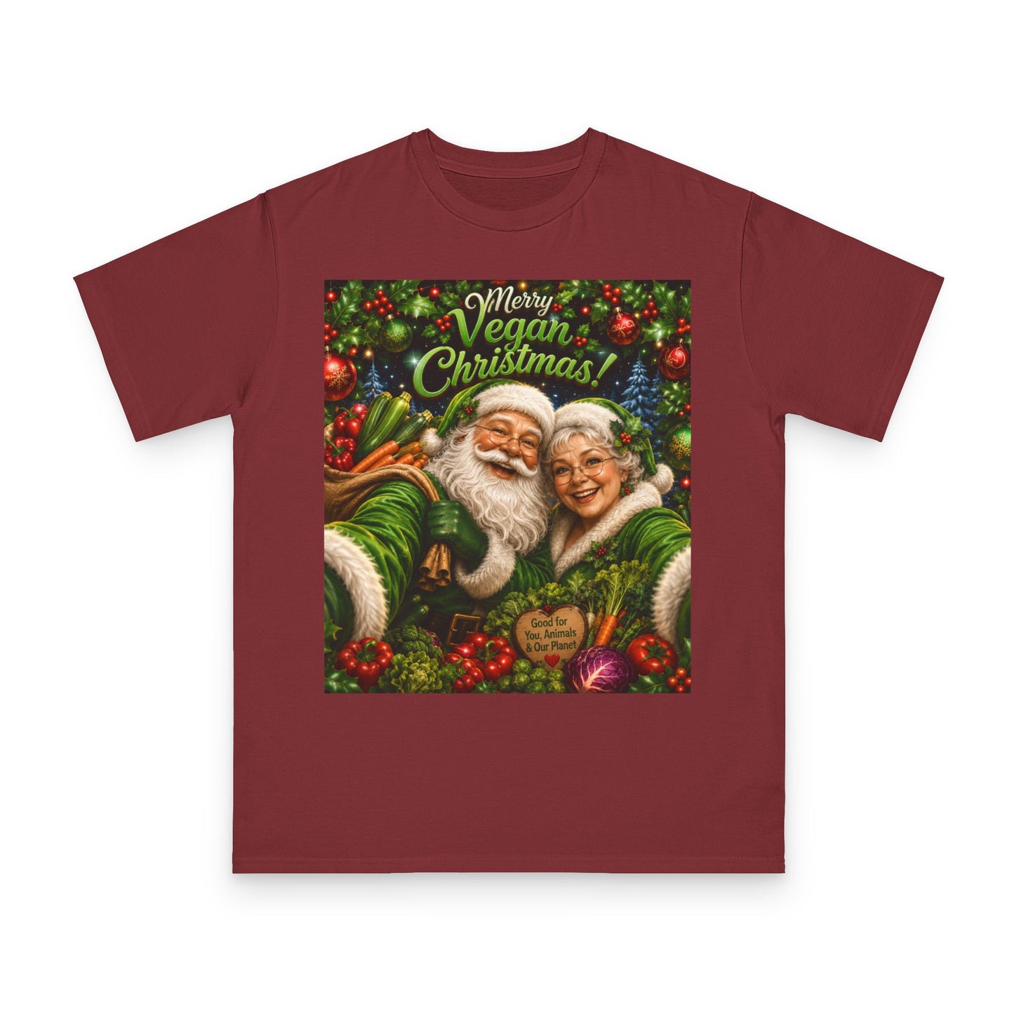 Organic  cotton Merry Vegan Christmas-Santa and Mrs Santa Selfie T-shirt