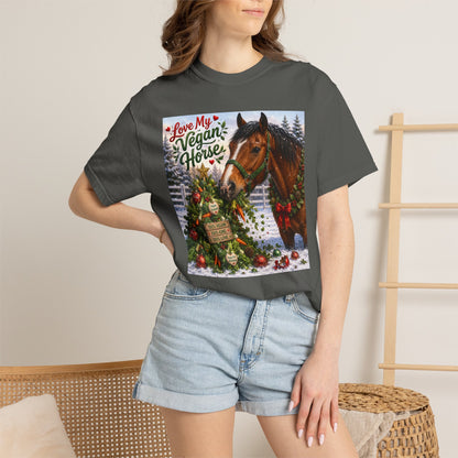 Vegan Christmas T-Shirt – "Love My Vegan Horse" Holiday Tee