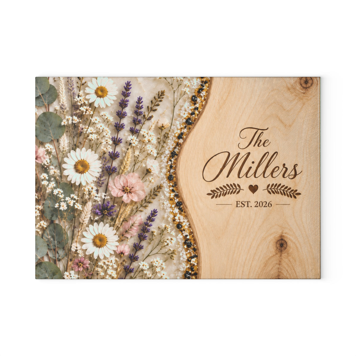 Personalized Family Name Est. 2026 - Glass Cutting Board - Wildflower Bouquet Glass Cutting Board